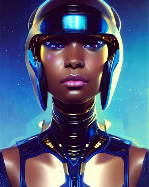 Image similar to Portrait of very very very very very very beautiful black woman, spacesuit, futuristic cybernetic helmet, blue eyes, real life skin, intricate, elegant, highly detailed, artstation, concept art, smooth, sharp focus, art by artgerm and greg rutkowski and alphonse mucha