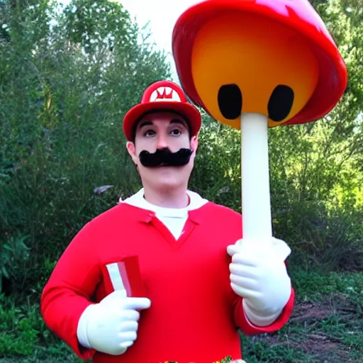Prompt: man dressed in bootleg knockoff super mario bros. costume holding a red plastic mushroom standing in a yard.