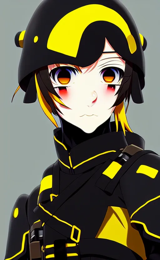 Prompt: anime portrait of a vicious helldiver scout soldier, black armor with yellow accents, ilya kuvshinov, anime, pixiv top monthly, trending on artstation, cinematic, danbooru, zerochan art, kyoto animation