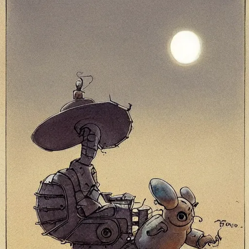 Image similar to ( ( ( ( ( grey lovecraftian mechanized pikachu demon from howl's moving castle ( 2 0 0 4 ), with a big head, on a desert road, wide shot, in front of a big moon. muted colors. ) ) ) ) ) by jean - baptiste monge!!!