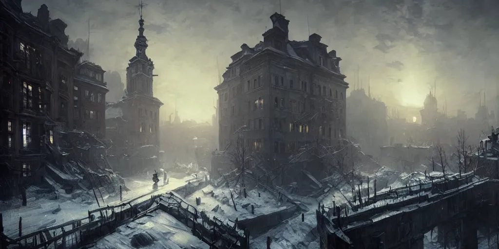 Image similar to frostpunk the city of warsaw, poland. fantasy art by greg rutkowski, gustave courbet, rosa bonheur, edward hopper. faithfully depicted architecture, realistic, sharp focus, global illumination, radiant light, detailed and intricate environment, trending on artstation