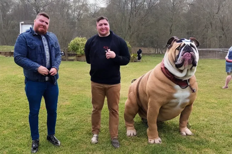 Image similar to a person standing next to a giant bulldog and the bulldog is five times taller then the person