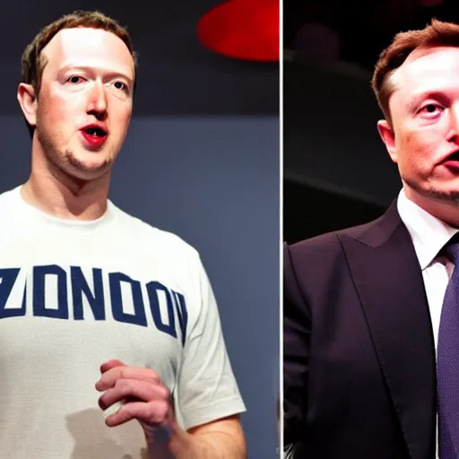 Prompt: mark zuckerburg and elon musk face to face before a boxing match,