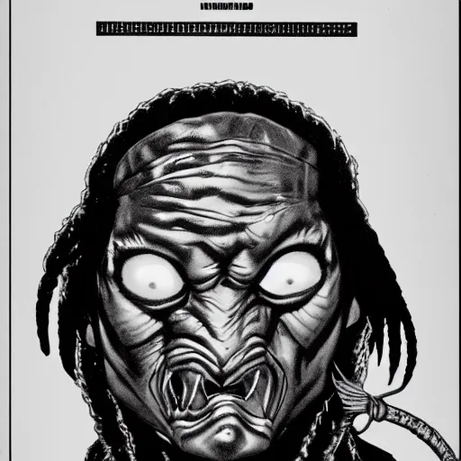 Image similar to hedcut portrait of yatuja from the movie predator