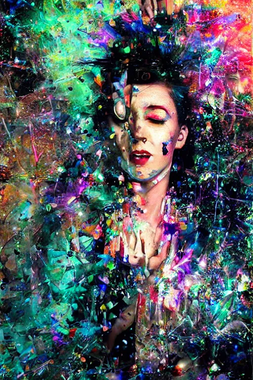 Image similar to portrait, headshot, digital painting, an delightfully mad techno - shaman lady, closed eyes, synthwave, glitter, glitch, refraction, fracture, realistic, hyperdetailed, chiaroscuro, concept art, painterly, art by john berkey