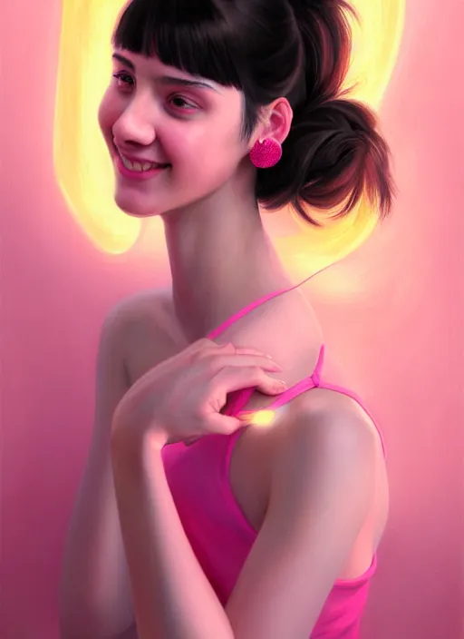 Image similar to portrait of teenage girl, narrow face, black hair, bangs, half updo hairstyle, skinny, smile, unattractive, defined jawline, big chin, wearing pink hair bow, earrings, intricate, elegant, glowing lights, highly detailed, digital painting, artstation, sharp focus, illustration, art by wlop, mars ravelo and greg rutkowski