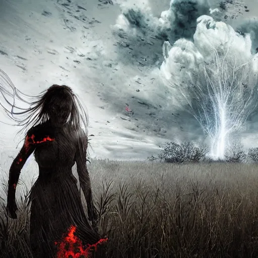 Prompt: The digital art depicts a woman standing in a field of ashes, her dress billowing in the wind. Her hair is wild and her eyes are closed, and she seems to be in a trance-like state. The digital art is dark and atmospheric, and the ashes in the field seem to be almost alive, swirling around. cyberpunk by Klaus Wittmann apocalyptic