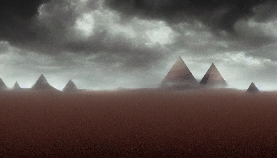 Prompt: rainy cloudy dark moody desert landscape scene with large mysterious detailed desert pyramids, fantasy, ambient, vaporwave, retro, surrealism, volumetric lighting, digital art, pixel sorting, trending on artstation