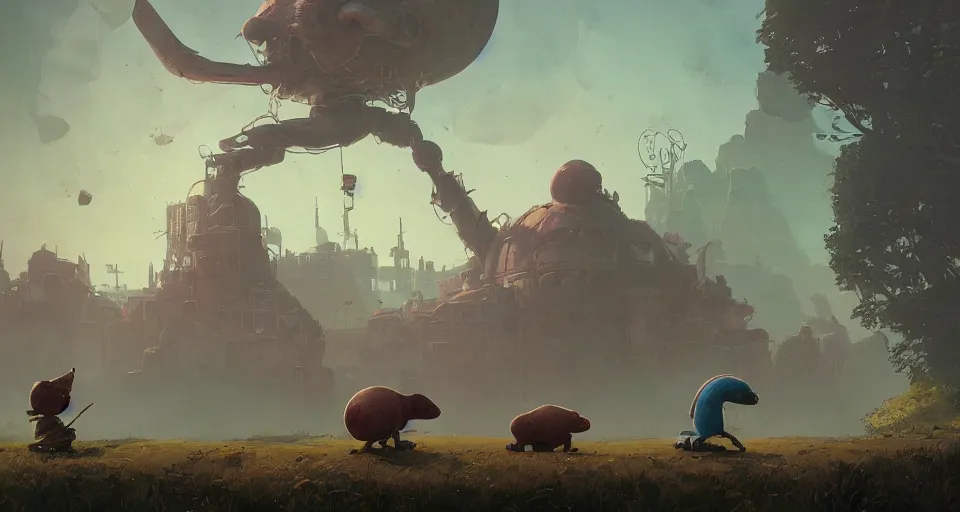 Image similar to a realistic cute giant and mini guineapigs everywhere, by simon stalenhag, frank frazetta, greg rutkowski, beeple, yoko taro, christian macnevin, beeple, epic fantasy character art, volumetric outdoor lighting, midday, high fantasy, cgsociety, cheerful colours, full length, exquisite detail, post - processing, masterpiece, cinematic