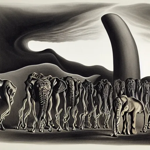 Image similar to An abstract painting of a tornado made of elephants and pianos by Salvador Dali, black and white color palette, dusk