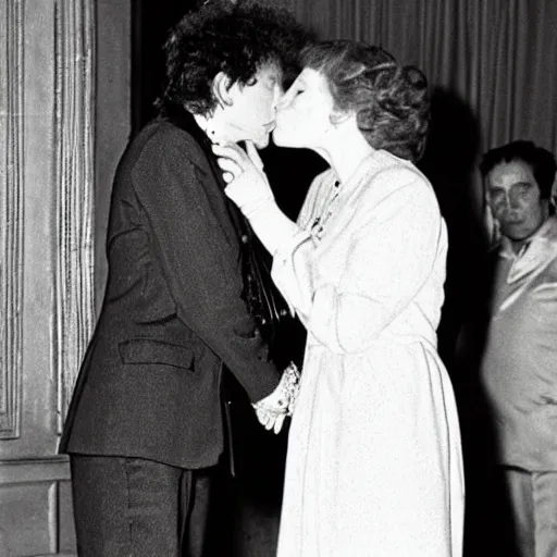 Image similar to bob dylan kissing queen elizabeth, photograph, high detail