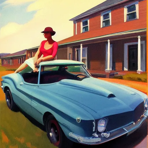 Image similar to Character portrait with car, dated a woman that lived on Cooterneck Road, She had a catfish Camero and was cooler than me, by Edward Hopper, Bo Bartlett, and Cynthia Sheppard, Artstation