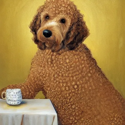 Image similar to portrait of a golden doodle as a queen painting very detailed