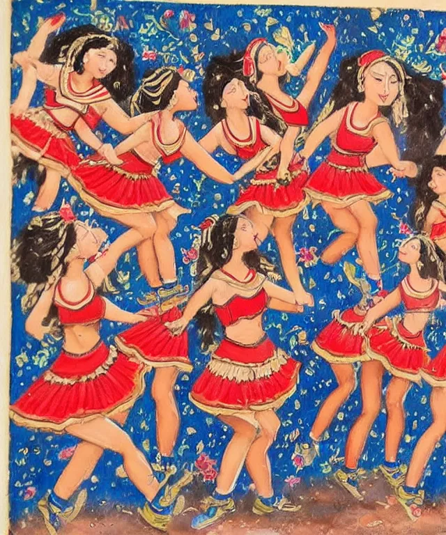 Image similar to a persian miniature painting, cute cheerleaders dancing, shorts, ultra sharp, extra details, ultra high quality, trending on pinteresst