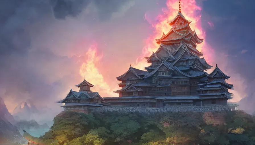 Prompt: A highly detailed matte painting of a huge japanese castle on fire, fire smoke and explosions, by Studio Ghibli, Makoto Shinkai, by Artgerm, by beeple, volumetric lighting, octane render, 4K resolution, trending on artstation, masterpiece