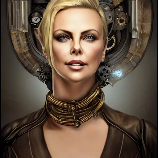 Prompt: beautiful Charlize Theron, perfect face and boy, in detailed steampunk dress, smooth, sharp focus, illustration, realistic, cinematic, artstation, gold, ornate, award winning, original modern artwork, set on H. R. Giger aesthetic, rgb ethereal lighting,8k