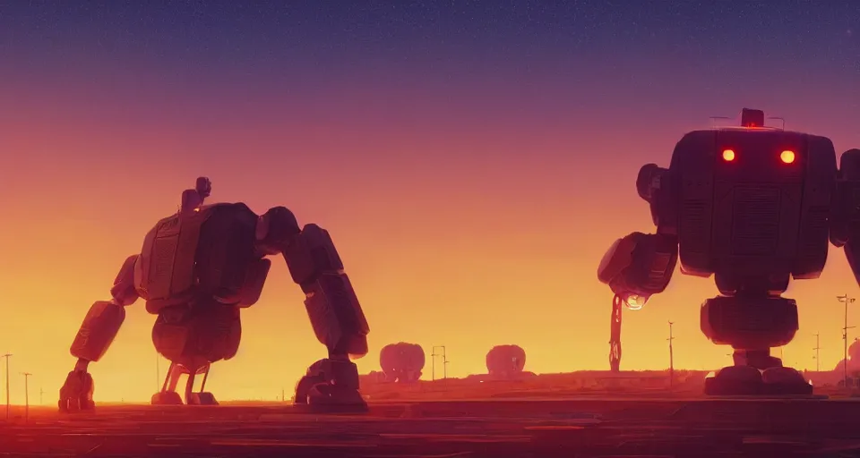 Image similar to GIANT ROBOT MOTHERSHIP looming in the distance, large sunset, cinematic, rendered by simon stålenhag, rendered by Beeple, Makoto Shinkai, syd meade, environment concept, digital art, unreal engine, 3 point perspective, WLOP, trending on artstation, low level, 4K UHD image, octane render,
