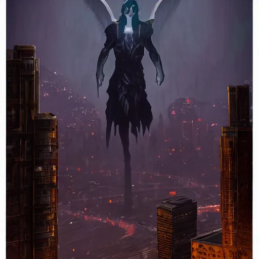 Image similar to the angel of death looming over a dormant city in the night, cityscape, thrilling, trending on artstation
