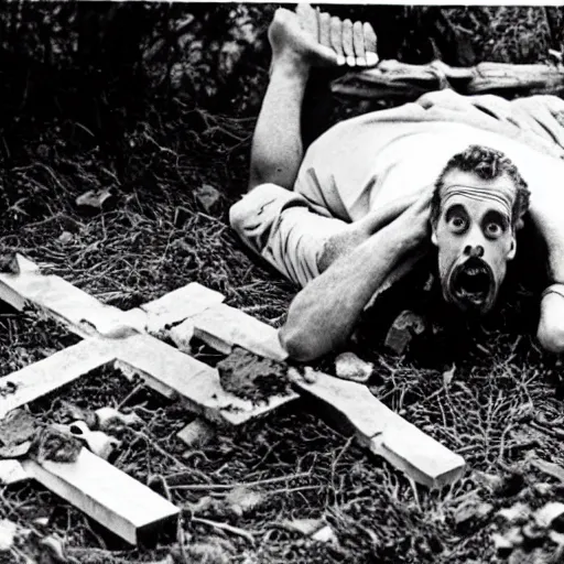 Prompt: Jordan Peterson laying in an open grave with a cross made of broken wood. He’s laughing. Photograph from horror movie 1980s.