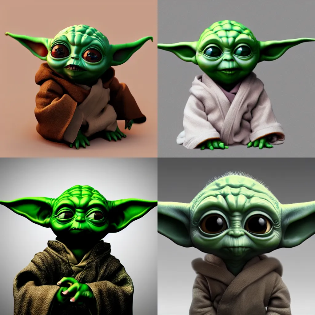 Prompt: Baby Yoda in style of Tim Burton, zbrush, hyper realistic, Unreal Engine 5, Artstation