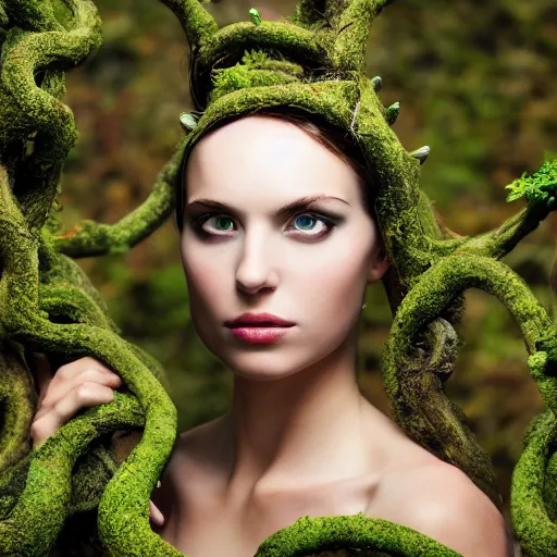 Prompt: a photo of a female model, orgnic headpiece, vines, horn, moss, fashion photography, realistic, hyperdetails