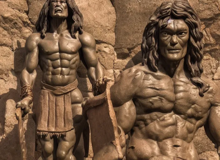 Image similar to a full figure rubber sculpture of a small conan the barbarian standing in front of a giant golem, by Michelangelo, dramatic lighting, rough texture, subsurface scattering, wide angle lens