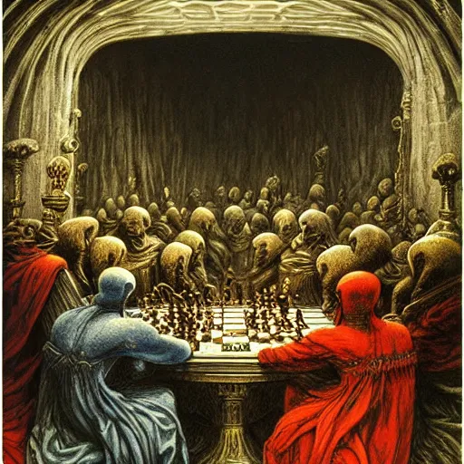 Prompt: full color and depth oil painting of the most epic chess game in all of time and space, by gustave dore, the great masters, cinematic, heavy metal album cover