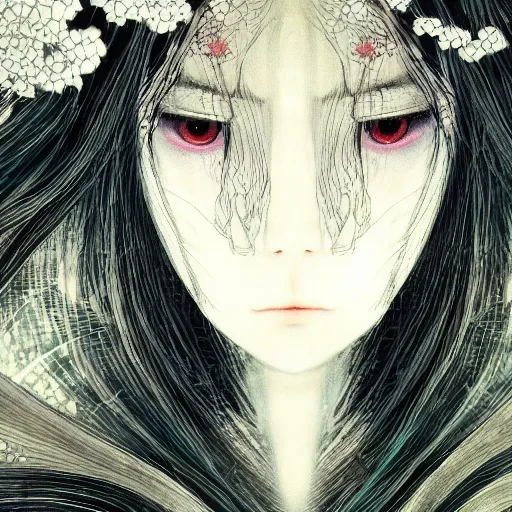 Image similar to yoshitaka amano blurred and dreamy realistic illustration of a japanese woman with black eyes, wavy white hair fluttering in the wind wearing elden ring armor with engraving, abstract patterns in the background, satoshi kon anime, noisy film grain effect, highly detailed, renaissance oil painting, weird portrait angle, blurred lost edges, three quarter view