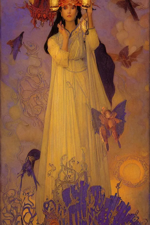 Prompt: queen of the dawn with her lantern and birds, by Nicholas Roerich and Gaston Bussière and jean delville and Annie Swynnerton, elaborate headdress and embroidered velvet, iridescent beetles, rich color, dramatic cinematic lighting, extremely detailed