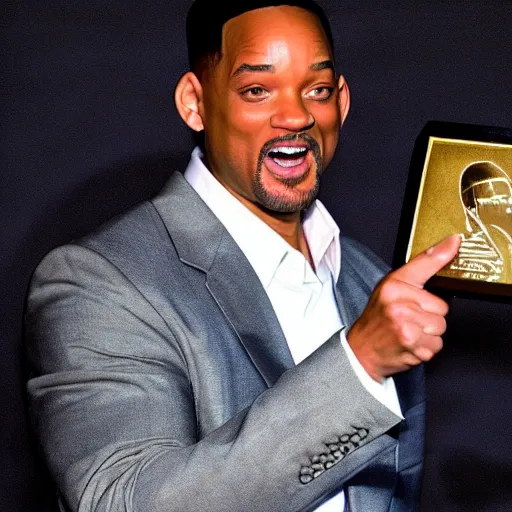 Prompt: will smith angrily pointing at the camera, highly detailed, well - lit, award - winning photograph, real image