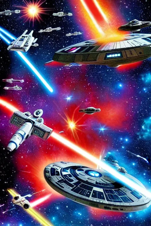 Image similar to a space fight between star trek and star wars. a giant super nova is in the background. highly detailed. colorful.