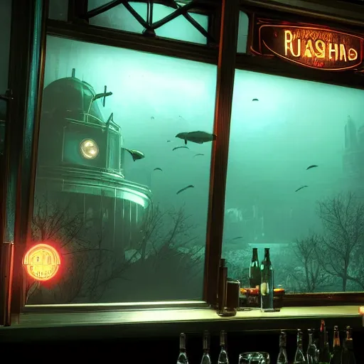 Image similar to In the world of rapture from the world of bioshock you are in a bar, there is a window that lets you see the whole city underwater and you are drinking a rum and coke