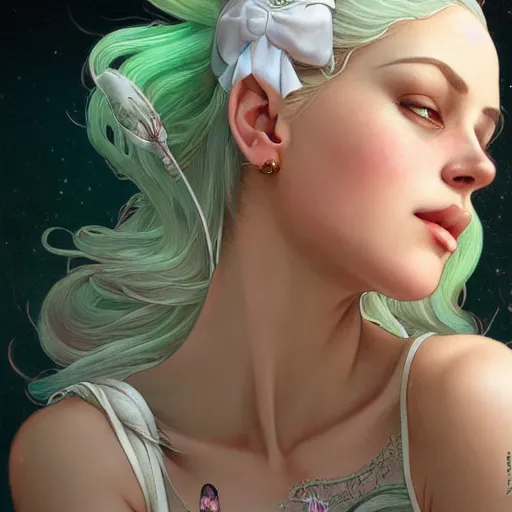 Image similar to ultra realistic illustration, dream girl with white hair, with light green eyes, with cat ears, in a sundress, intricate, elegant, highly detailed, digital painting, artstation, concept art, smooth, sharp focus, illustration, art by artgerm and greg rutkowski and alphonse mucha