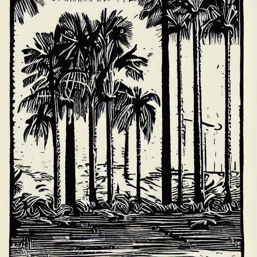 Prompt: a woodcut print of palm trees in a nuclear blast