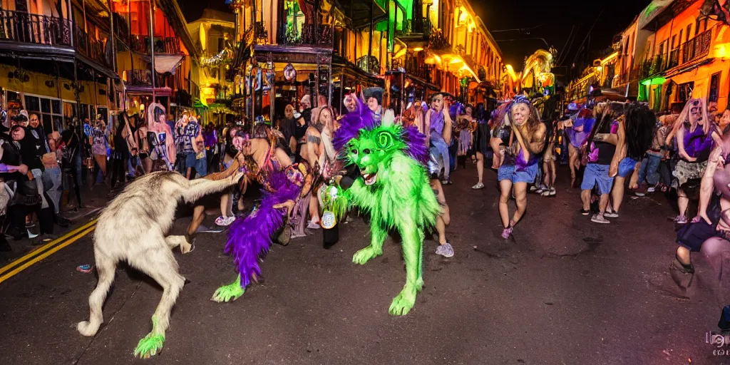 Prompt: a photograph of a werewolf doing shots on Bourbon Street on Mardi Gras, party, low shutter speed