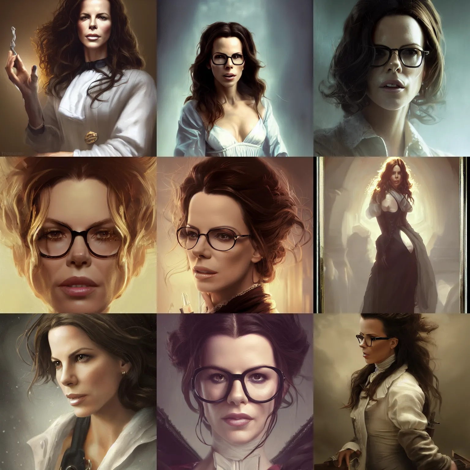 Prompt: close detail portrait kate beckinsale as 18 century doctor in glasses, female, elegant, in suitcase, digital fantasy art, hands straight down, evil eyes, insane, under light, at late evening by greg rutkowski and thomas kinkade, Trending on artstation