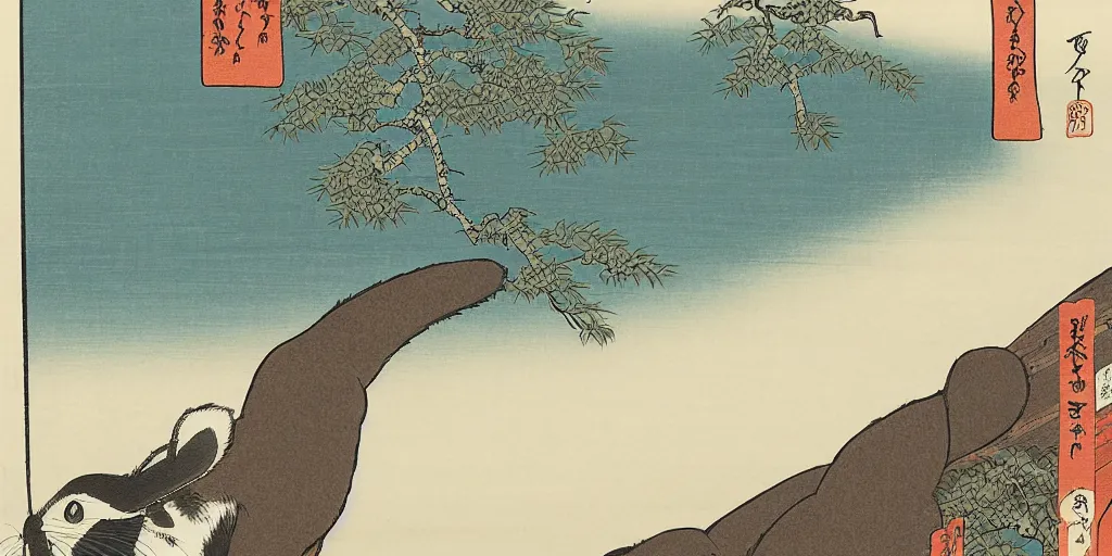 Image similar to ukiyo - e woodblock print of a rabbit on top of a hill, trees in the background, by hokusai