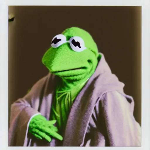 Image similar to Kermit the frog dressed as a Obi Wan, polaroid photo, instax, white frame, by Warhol,