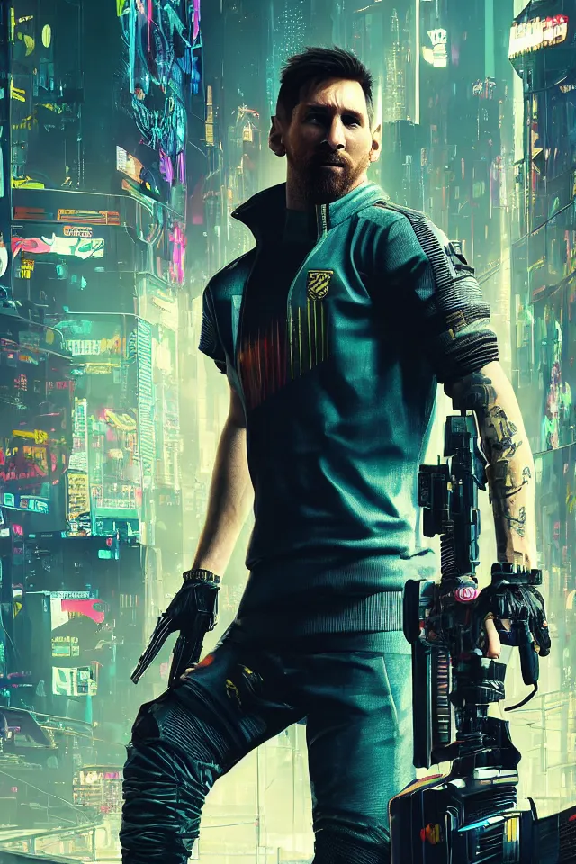 Prompt: Messi as a cyberpunk, cyberpunk 2077, realistic, 8K, detailed, film grain,