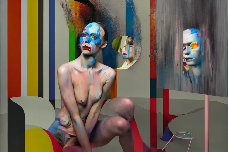 Image similar to portrait of a morphed harlequin sitting on a stool looking into a mirror doing makeup by james jean and luc tuymans and beeple and hernan bas and pat steir and hilma af klint, psychological, 3 d, dripping paint, high quality render, masterpiece