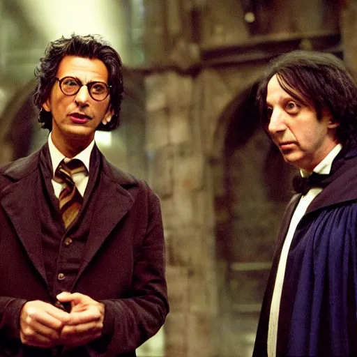 Prompt: Jeff Goldblum in the movie Harry Potter And The Prisoner Of Azkaban, working with Professor Snape