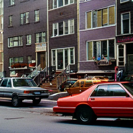 Image similar to street of brooklin 1 9 8 9, hyper detailed, kodachrome photo