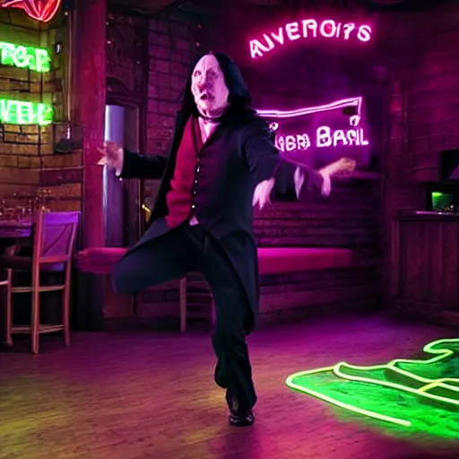 Image similar to Severus Snape dances in a bar, neon light, realistic, full body, very detailed, super realistic