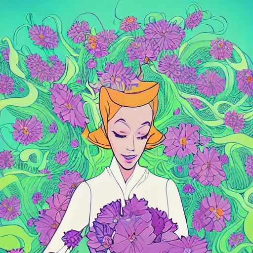 Prompt: Digital art. This illustration is a large canvas, covered in a wash of color. In the center is a cluster of flowers, their petals curling and twisting in on themselves. The effect is ethereal and dreamlike, and the overall effect is one of serenity and peace. Jetsons by Josan Gonzalez