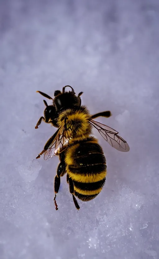 Image similar to a bee and a flower under a layer of ice and snow, beautiful macro photography, ambient light