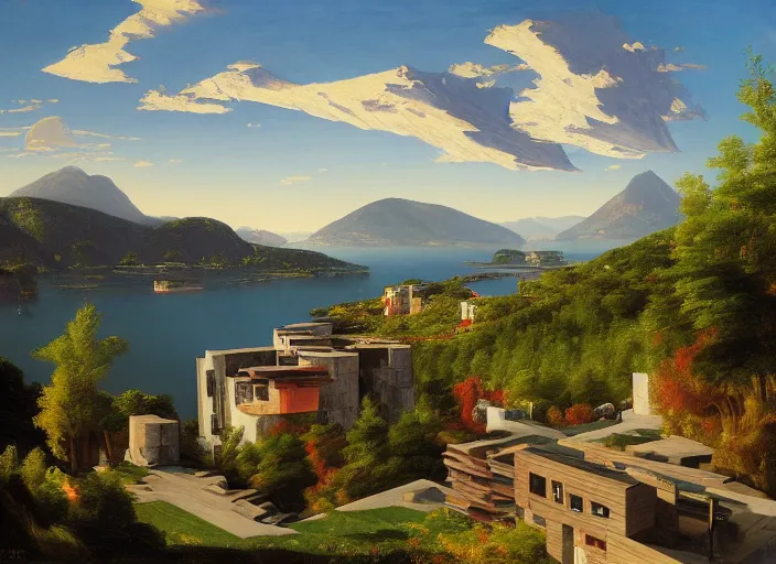 Image similar to painting of moshe safdie's habitat 6 7 in front of beautiful mountains by thomas cole