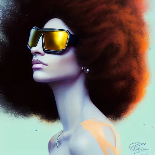 Prompt: Beautiful woman wearing opaque reflective goggles profile picture by Greg Rutkowski, brown skin, long afro hair, asymmetrical, futuristic, cool colors, streetwear, studio ghibli, Organic Painting , Matte Painting, geometric shapes, hard edges, street art, trending on the artstation, fantasy LUT, realistic by Sachin Teng,