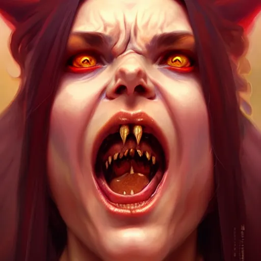 Image similar to face portrait of angry female demon screaming, realistic, high qulity, 4 k, sharp fucos, tranding on art station, illustration, art by artgerm and greg rutkowski and alphonse mucha