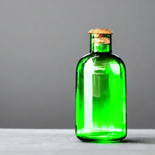 Prompt: a glass bottle filled with a green glowing potion standing in an old wilden desk, dark brown white green colours, magical mysterious, very detailed, realistic