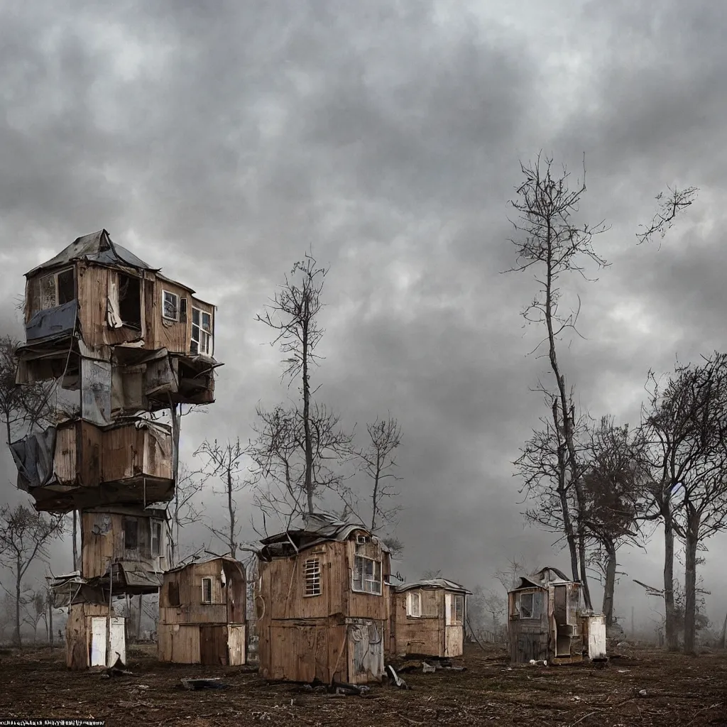 Image similar to circular towers, made up of makeshift squatter shacks with faded colours, apocalyptic sky, misty, dystopia, mamiya rb 6 7, fully frontal view, ultra sharp, very detailed, photographed by julie blackmon